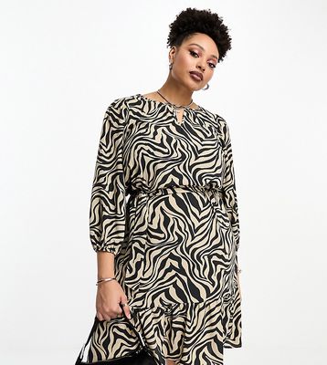 Only Curve puff sleeve belted mini dress in zebra print-Multi