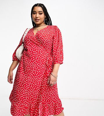 Only Curve puff sleeve wrap midi dress in red floral