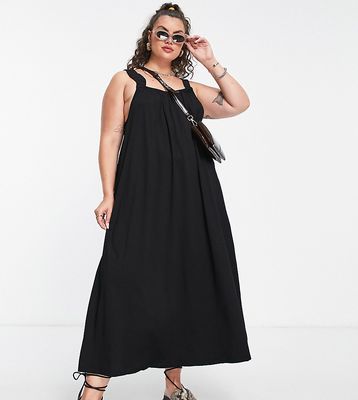 Only Curve square neck maxi smock dress in black