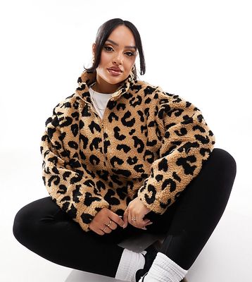 Only Curve teddy half zip fleece in leopard print-Multi