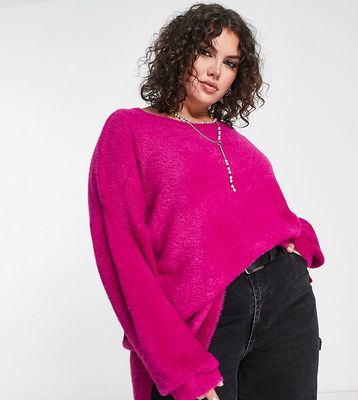 Only Curve textured crew neck sweater in bright pink-Purple