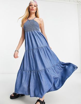 Only denim shirred high neck tiered maxi dress in blue