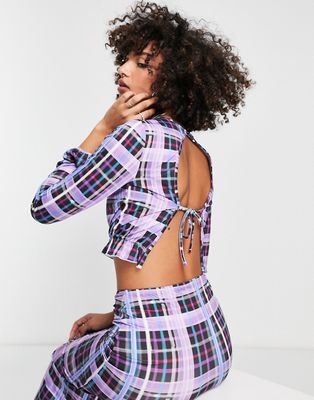 Only Exclusive open tie back top in purple check - part of a set