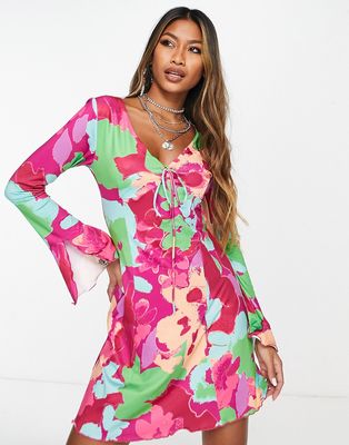 Only Exclusive V-neck mini dress with split sleeve detail in bright floral-Multi