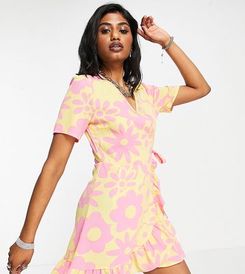 Only Exclusive wrap ruffle hem mini dress in 70s yellow floral-Multi