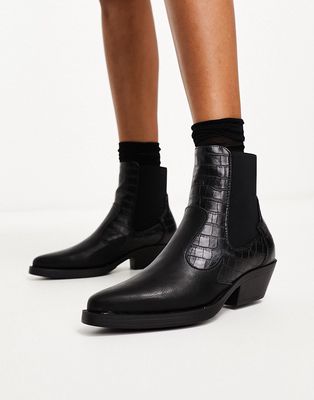 Only faux croc detail western boots in black