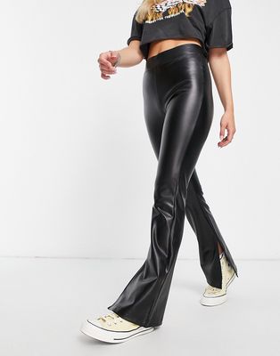 Only faux leather split leg flared pants in black