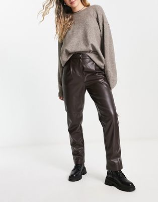 Only faux leather straight leg pants in chocolate brown