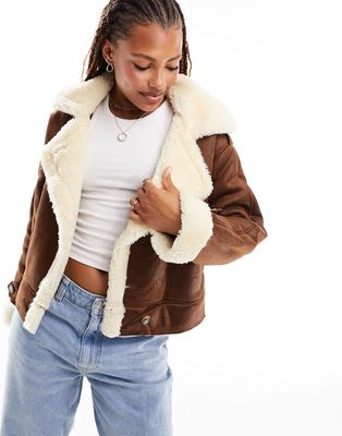 Only faux shearling aviator jacket in brown