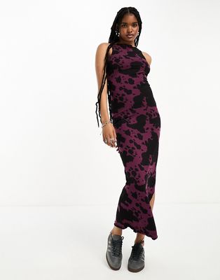 Only frill detail maxi dress in purple and black cow print-Multi