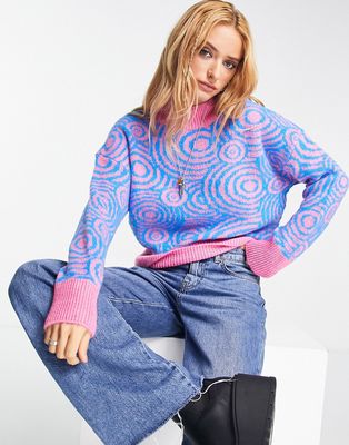 Only high neck knit sweater in blue and pink swirl-Multi