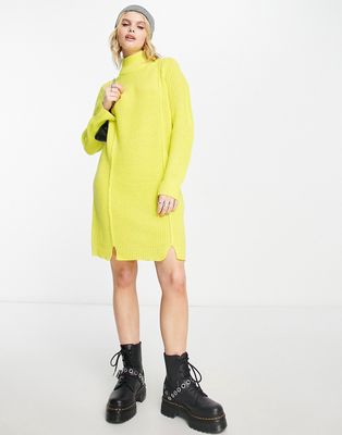 Only high neck knitted mini dress with seam detail in lime-Yellow
