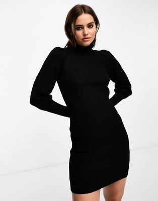 Only high neck puff sleeve mini sweater dress in black
