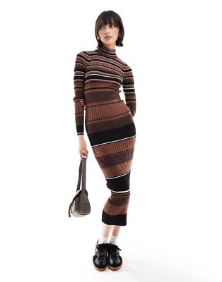 Only high neck ribbed maxi dress in brown stripe