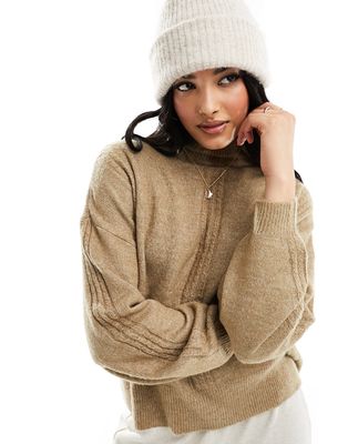 Only high neck sweater with stitch details in brown melange-Neutral