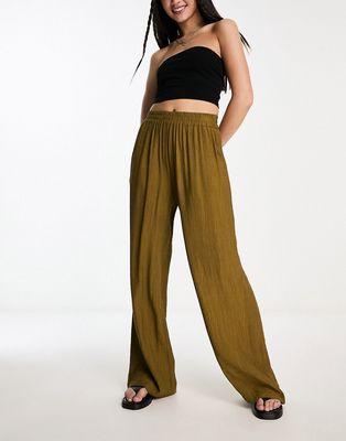 Only high waisted textured pants in olive-Green