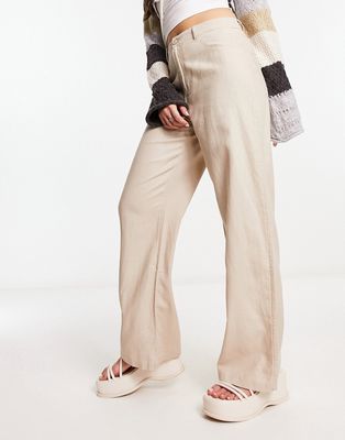 Only high waisted wide leg linen pants in beige-Neutral