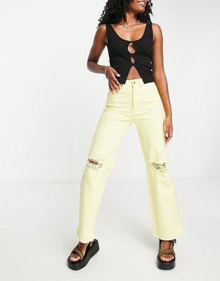 Only Hope high rise wide leg jeans with rips in lemon-Yellow