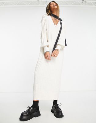 Only knitted v neck maxi dress in cream-White