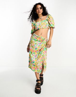 Only knot front sarong midi skirt in multi floral - part of a set