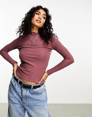 Only lettuce edge high neck ribbed top in dark pink
