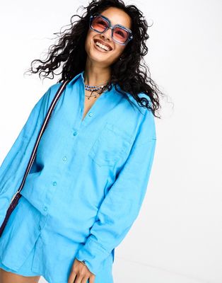Only linen blend oversized shirt in bright blue - part of a set