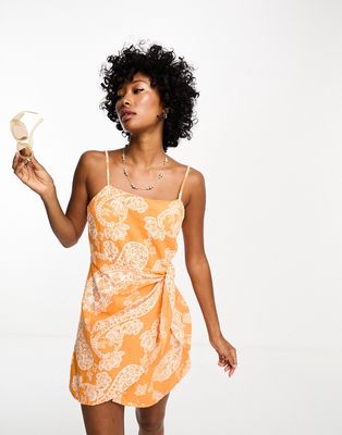 Only linen blend wrap mini dress in orange paisley print