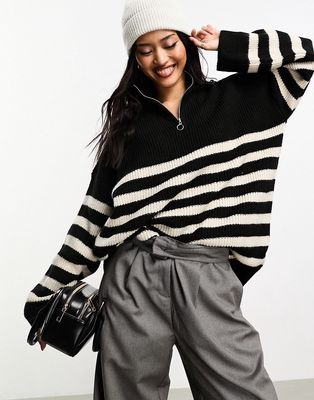 Only longline high neck sweater in black and cream stripe