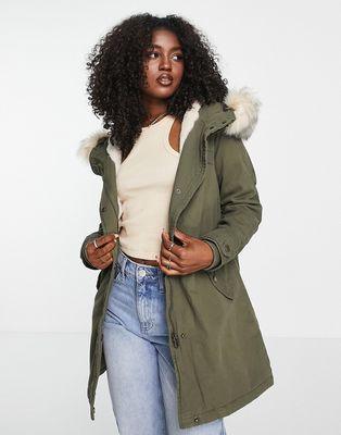 Only may parka with faux fur trim hood in khaki-Green