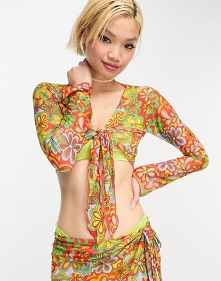 Only mesh tie front cropped beach top in 70s floral - part of a set-Multi