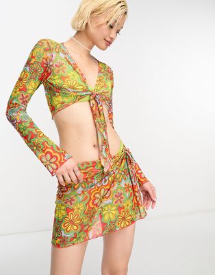 Only mesh tie-side beach mini skirt in 70s floral - part of a set-Multi
