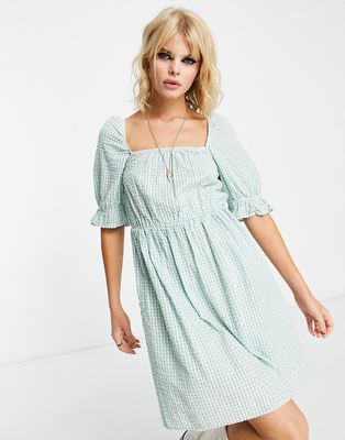 Only mini dress with square neck and puff sleeve in green gingham