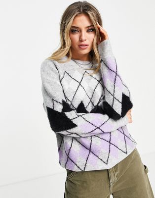 Only oversized Argyle sweater in gray-Grey