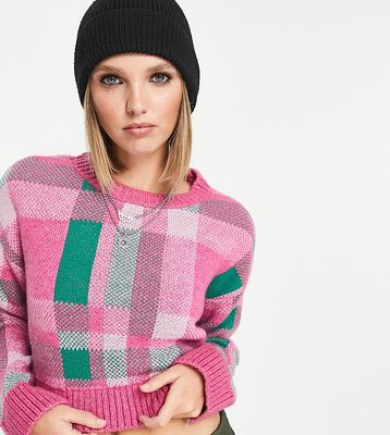 Only Petite cropped sweater in pink & green plaid-Multi