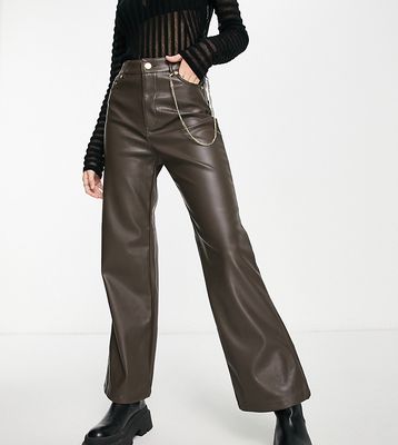 Only Petite high waisted wide leg faux leather pants in brown