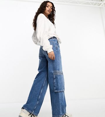Only Petite Hope wide leg cargo jeans in mid blue