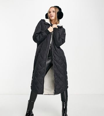 Only Petite quilted longline coat with teddy hood in black-Green
