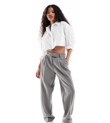 Only Petite tailored straight leg dad pants In gray