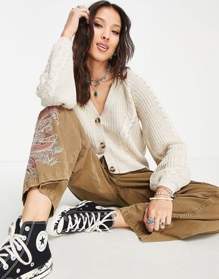 Only Premium textured cable knit cardigan in cream-White