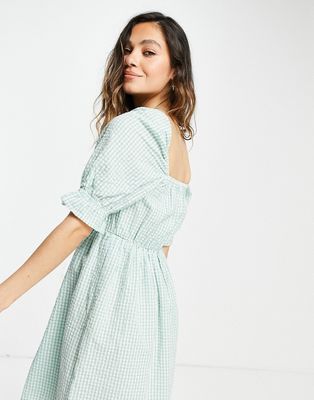 Only puff sleeve mini dress in green gingham-White