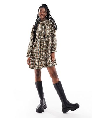 Only pussybow smock dress in brown & khaki check-Multi