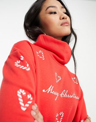 Only roll neck Christmas sweatshirt with candy cane hearts-Red