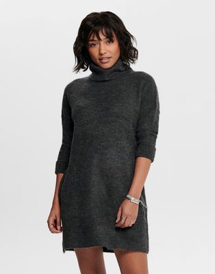 Only roll neck knitted mini sweater dress in dark gray-Grey