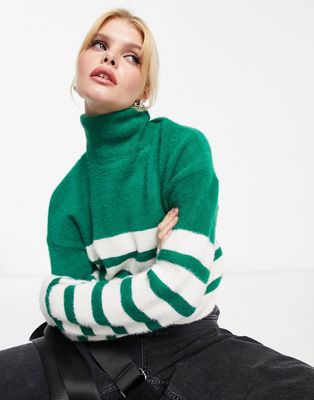 Only roll neck sweater in green and white stripe-Multi