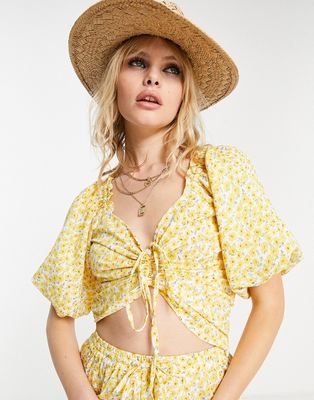 Only ruched puff sleeve top in yellow ditsy floral-Multi