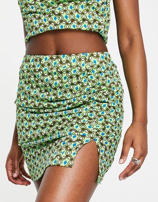 Only ruched side skirt in green abstract print - part of a set-Multi