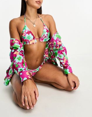 Only ruffle detail triangle bikini top in pink floral - part of a set-Multi