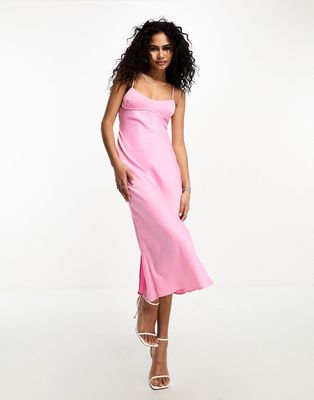 Only satin midi slip dress in pink