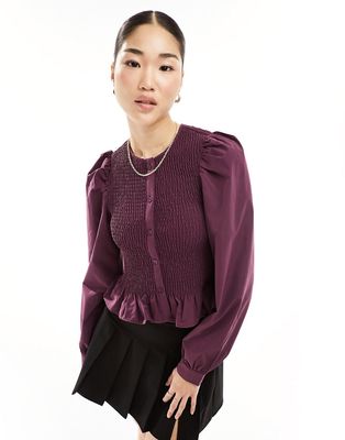 Only shirred panel puff sleeve blouse in purple