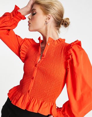 Only shirred puff sleeve peplum blouse in bright orange